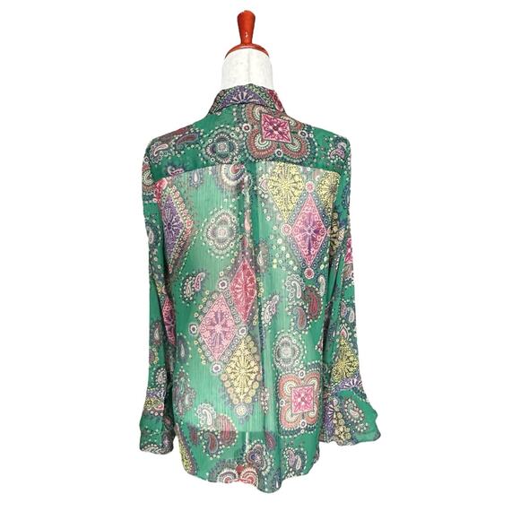 Elie Tahari Sheer Blouse Button Front Bohemian Paisley Print Top Ruffle Cuff L - Picture 4 of 10